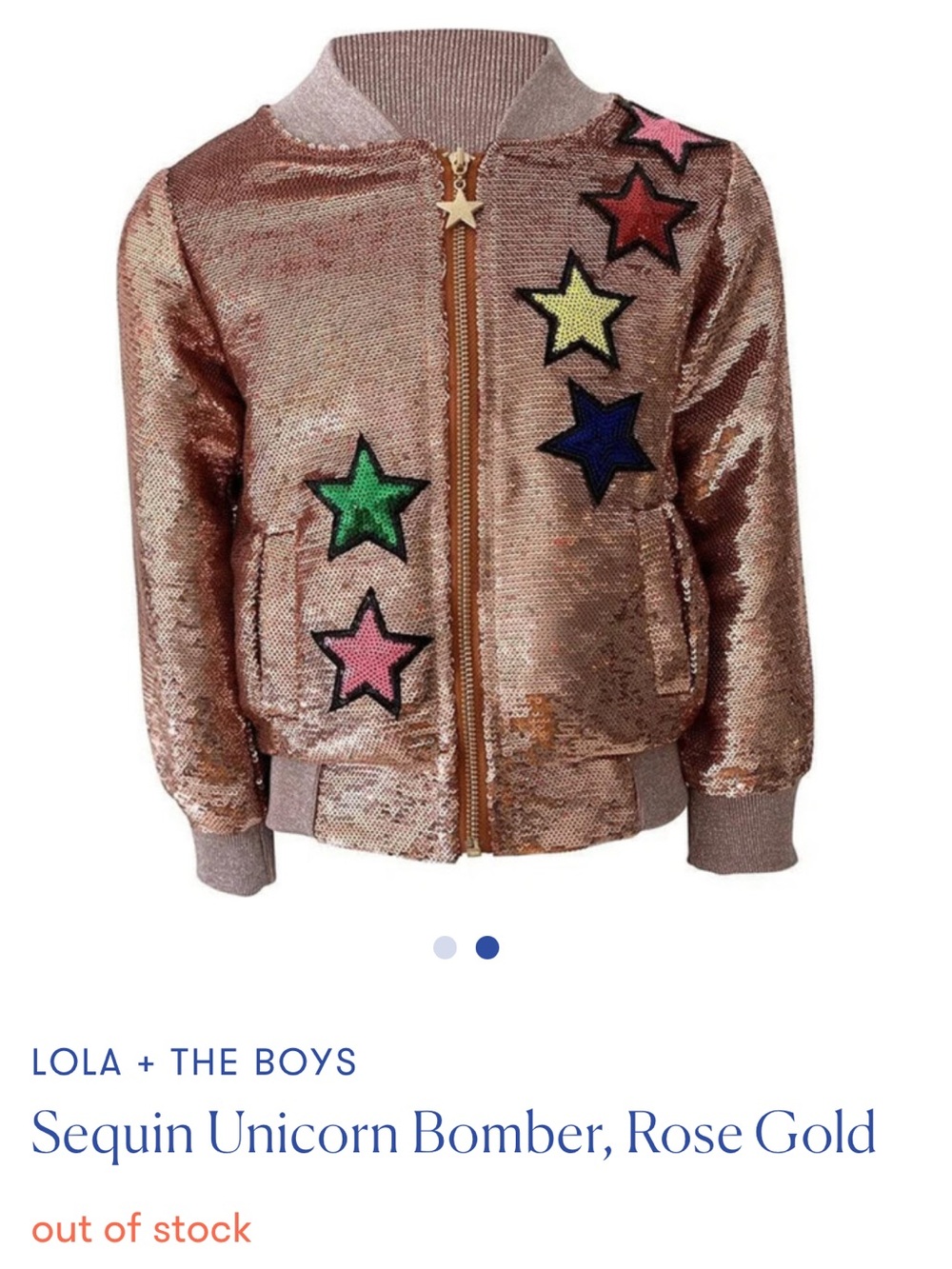 Lola + The Boys Rose Gold Sequin Bomber with Multicolor Star Patches Brand New 6